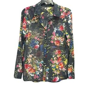 Kut from the Kloth  Women's Sheer Blouse Size LG Blue Floral Print Button Front